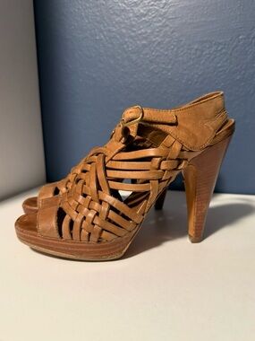 Barneys New York Co-Op Brown Woven Leather Platform  4” Cone Heel Size 37 (7)